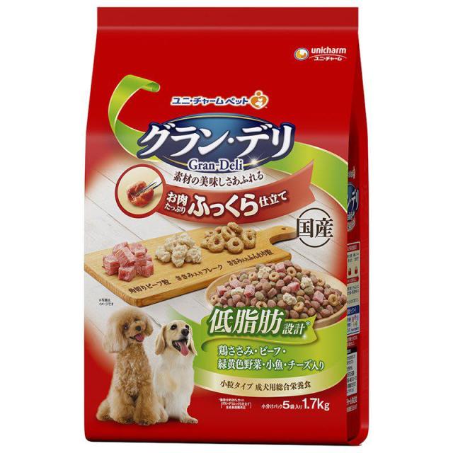 他サイト：  ユニチャーム 犬 ソフト(半生 モイスト) グラン・デリふっくら仕立て低脂肪鶏ささみ・ビーフ・緑黄色野菜・小魚・角切りビーフ粒の商品画像
