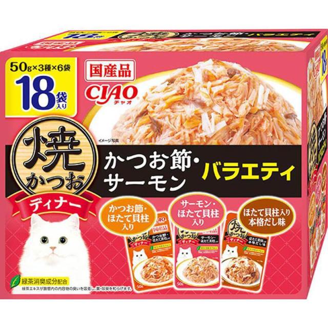 他サイト：  いなばペットフード 猫 ウェット CIAO焼ディナー かつお節・サーモンバラエティ 18袋入り の商品画像