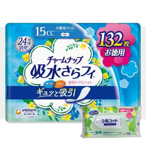 他サイト： 【今ならミズノの靴下1足をプレゼント】ユニ・チャーム チャームナップ 吸水さらフィ 少量用15cc 19cm(132枚入)【チャの商品画像