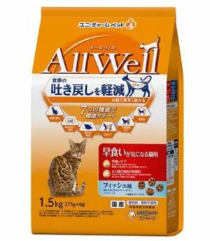 他サイト： ユニ・チャーム AllWellオールウェル 早食いが気になる猫用 フィッシュ味引き小魚とささみ フリーズドライパウダー入り 1.の商品画像