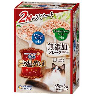 他サイト： 【今ならミズノの靴下1足をプレゼント】ユニ・チャーム 銀のスプーン 三つ星グルメ パウチ 無添加フレーク 2種のアソート まぐろの商品画像