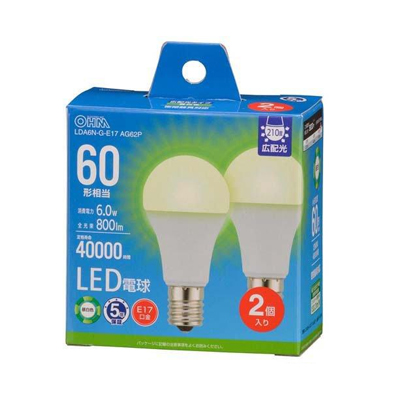 他サイト： (株)オーム電機  LED電球 小形(60形相当/昼白色/800lm/6.0W/E17/Ra84/広配光210°/密閉形器具対応の商品画像