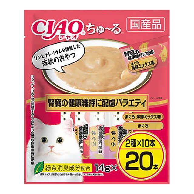 他サイト： いなばペットフード(株) CIAOちゅーる 腎臓の健康維持に配慮バラエティ 14g×20本 猫用品 フード スナック 49011の商品画像