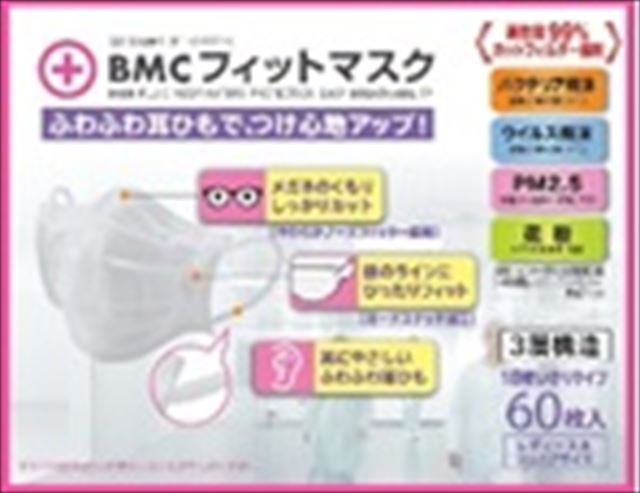 他サイト： BMC ビーエムシー フィット マスク 60枚入  ホワイト レディース&ジュニア  使い切りタイプ 不織布 三層構造(4580の商品画像