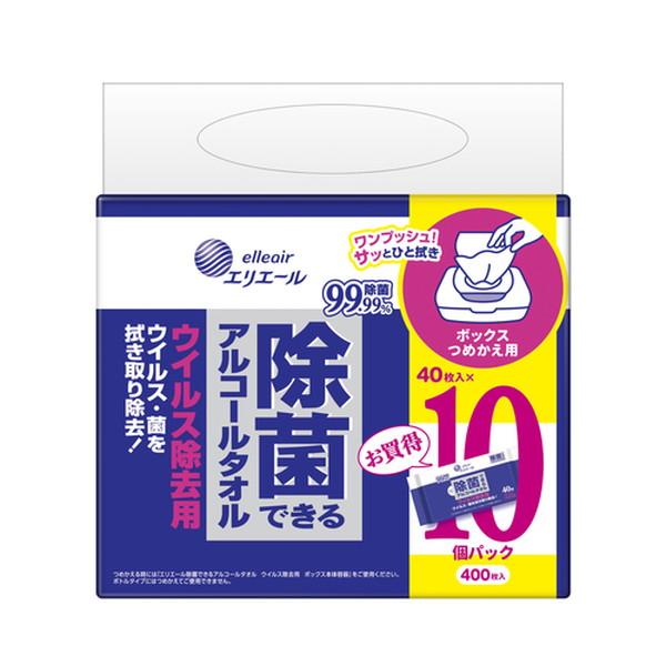 他サイト： 大王製紙 エリエール 除菌できるアルコールタオル ウイルス除去用 ボックス つめかえ用 40枚×10パック入の商品画像