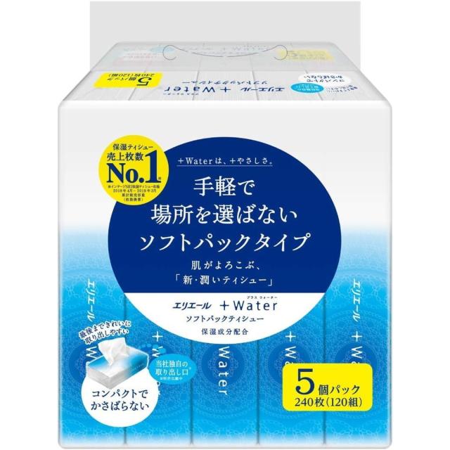 他サイト： 大王製紙 エリエール+Water ソフトパック ティシュー 保湿成分配合 240枚(120組)× 5個入パック(49020117の商品画像