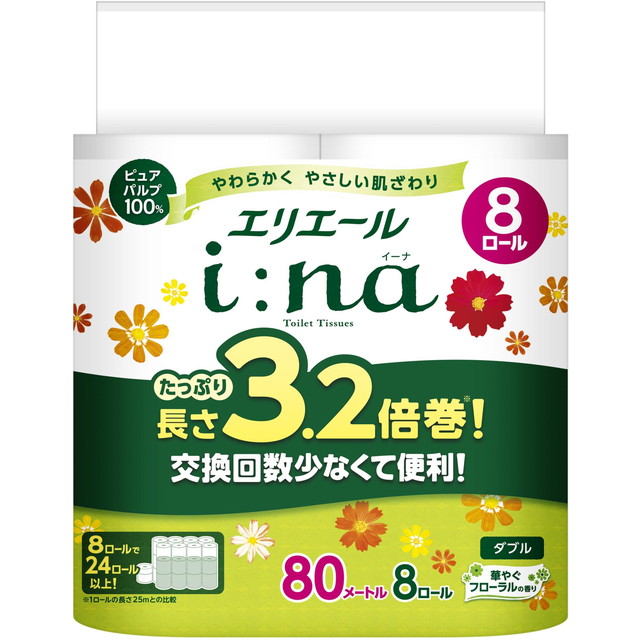他サイト： 大王製紙 エリエール i:na イーナ トイレット 3.2倍巻 華やぐフローラルの香り ダブル 8ロール入の商品画像