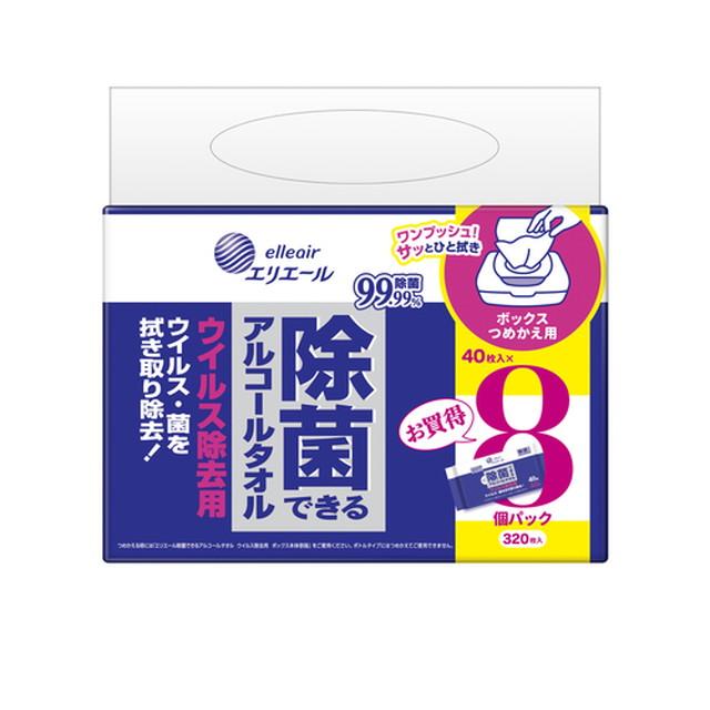 他サイト： 大王製紙 エリエール 除菌できる アルコールタオル ウイルス 除去用 ボックス つめかえ用 40枚入 × 8Pの商品画像