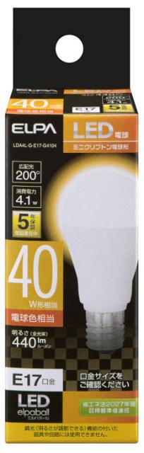 他サイト： ELPA LDA4L-G-E17-G4104 LED電球 ミニクリプトン球形 440lm(電球色相当)エルパ[LDA4LGE17の商品画像