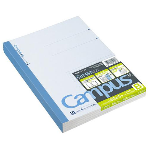 他サイト： コクヨ ノ-4BNX5 キャンパスノート B罫 中横罫(罫幅6mm) 40枚×5冊[ノ4BNX5] 返品種別Aの商品画像