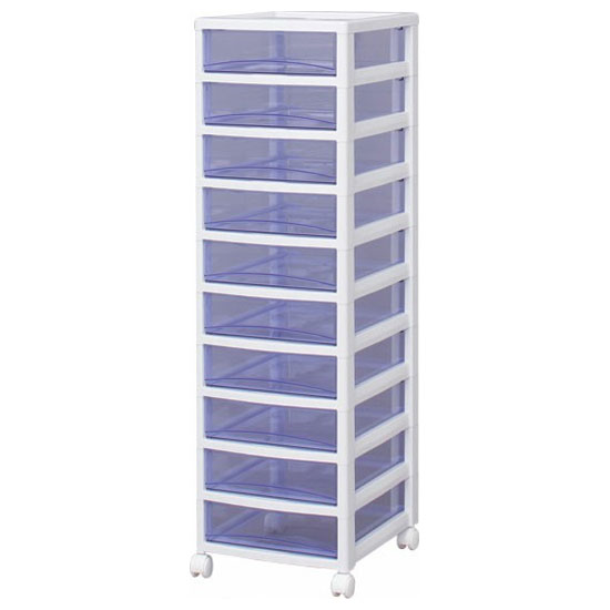 他サイト： アイリスオーヤマ スーパークリアチェスト 浅型引出し10段(ホワイト/クリアブルー) SCE-1000(WBL)返品種別Aの商品画像