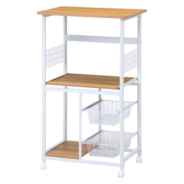 他サイト： 不二貿易 レンジワゴン(ホワイト×ナチュラル) コロコロ動くたっぷり収納キッチンワゴン レンジワゴン FBC-9812 WH/Nの商品画像