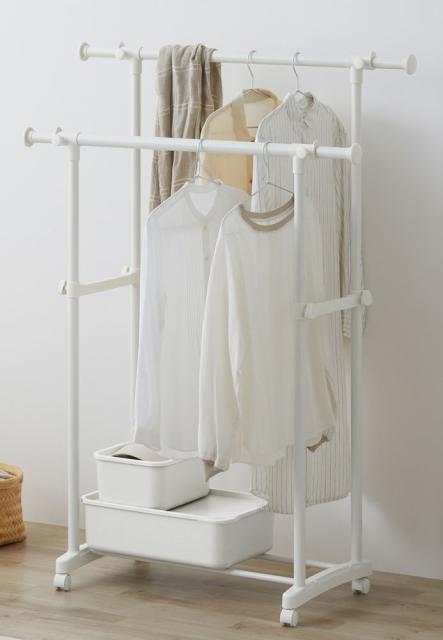 他サイト： アイリスオーヤマ PI-E280Sホワイト パイプハンガー (ホワイト・幅81〜126.5cm幅)2列タイプIRIS[PIE28の商品画像