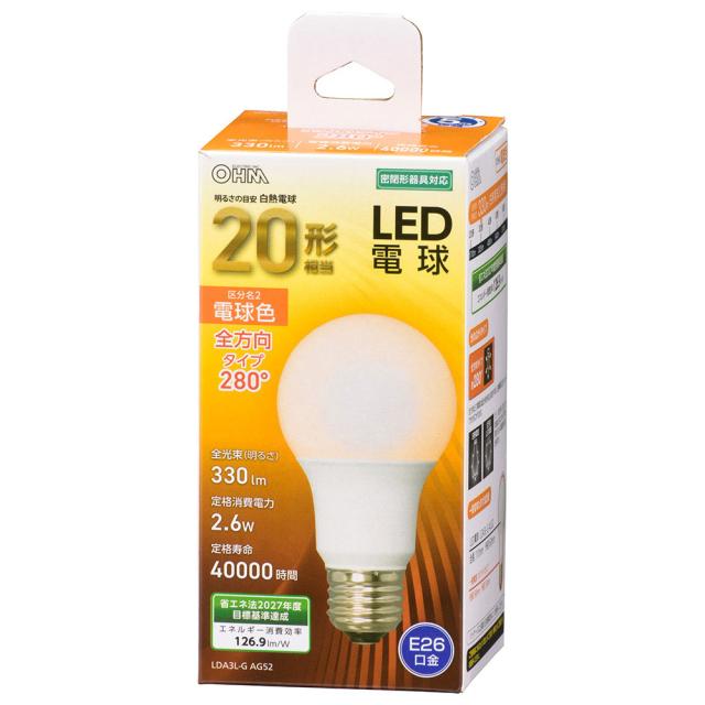 他サイト： オーム LDA3L-G AG52 LED電球 小形電球形 330lm(電球色相当)OHM(06-4451)[LDA3LGAG52の商品画像