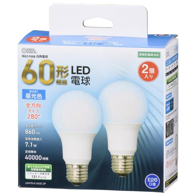 他サイト： オーム LDA7D-G-AG52-2P LED電球 一般電球形 860lm(昼光色相当)【2個セット】OHM(06-4709)[の商品画像