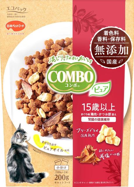 他サイト： 日本ペットフード コンボ キャット ピュア 15歳以上 まぐろ味・鶏肉・かつお節添え 200g 返品種別Bの商品画像