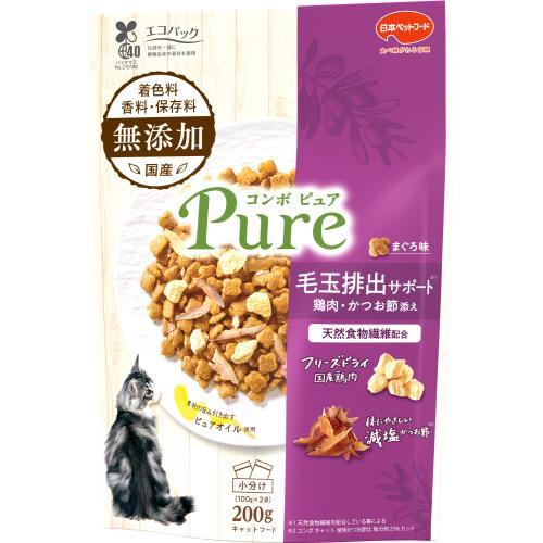 他サイト： 日本ペットフード コンボ ピュア キャット ドライ 毛玉排出サポート まぐろ味・鶏肉・かつお節添え 200g 返品種別Bの商品画像