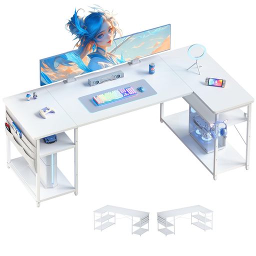 他サイト： YETOM L字デスク ゲーミングデスク デスク 幅150CM PCデスク コーナーデスク 棚板高さ調節可能 収納袋付き L字型の商品画像