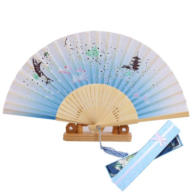 他サイト： Jinchuan 扇子 レーディス 扇子袋&ギフト箱付き 和風 シルク扇子 和柄 桜 花 蝶 折りたたみ式 和装小物 絹 女性用の商品画像