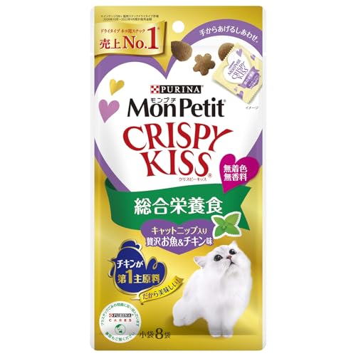 他サイト： モンプチ クリスピーキッス 猫用おやつ 総合栄養食 キャットニップ入り贅沢お魚&チキン味 24g(3g×8袋)×5個セットの商品画像