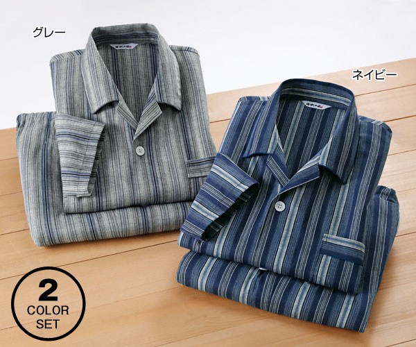 在庫大人気 播州しじら織 春夏 50代 60代 437010の通販はau PAY マーケット - カウマ|商品ロットナンバー:309577449 ストライプ柄パジャマ 2色組 メンズ パジャマ 長袖 日本製 上下セット 定番超特価