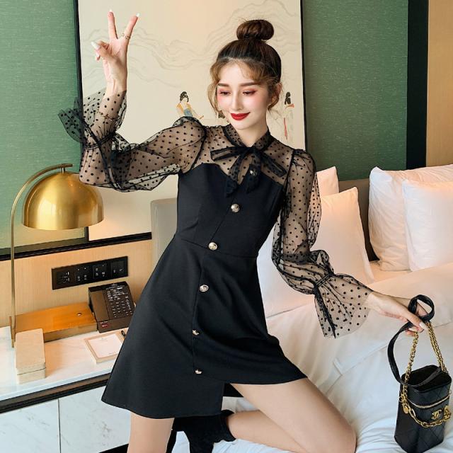 史上最も激安 ワンピース パーティードレス ボウタイ シースルー ドット フロントボタン キャンディースリーブ ミニ丈 長袖 枚数限定 Www Endocenter Com Ua