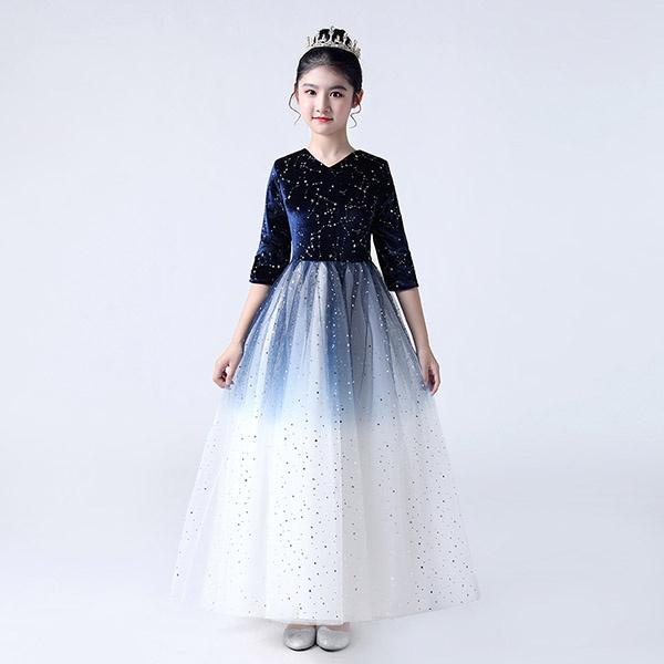 誕生日プレゼント ロングドレス ワンピース キッズドレス 結婚式 Vネック 演奏会 半袖 女の子 ピアノ発表会 星柄 パーティードレス ネイビー 子供ドレス 子供服 フォーマル