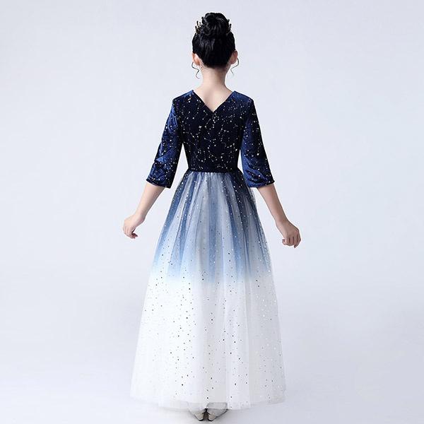 誕生日プレゼント ロングドレス ワンピース キッズドレス 結婚式 Vネック 演奏会 半袖 女の子 ピアノ発表会 星柄 パーティードレス ネイビー 子供ドレス 子供服 フォーマル