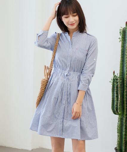 038 ポロシャツワンピ フレアワンピ レディース ストライプ九分袖ロングシャツワンピース膝丈チュニックワンピース ノーカラー体型カバの通販はau Pay マーケット Hhcストア 商品ロットナンバー