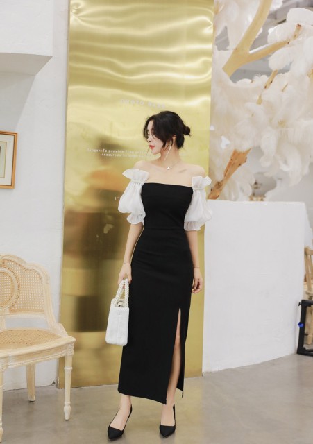 結婚式ドレスお呼ばれワンピース代30代パーティードレス袖ポワンロングタイト切替オフショルダー個性的おしゃれ上品の通販はau Wowma ワウマ 東京 Com 商品ロットナンバー