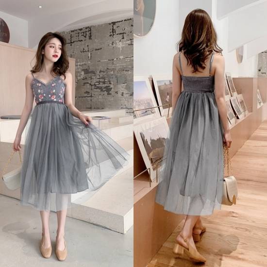 感謝価格 パーティードレス ワンピース ドレス 女子会 ノースリーブ Vネック グレー キャミソールワンピ 膝丈 チュール 刺繍 10代 代 3 クーポン配布中 交換無料 Gdpcambodia Org
