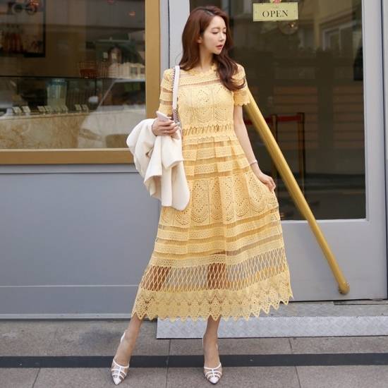 パーテイードレス 袖あり ドレスワンピース きれいめワンピース 春ワンピース 夏ワンピース レースワンピース ミモレ丈 半袖 イエロー レの通販はau Wowma ワウマ Marina Front 商品ロットナンバー
