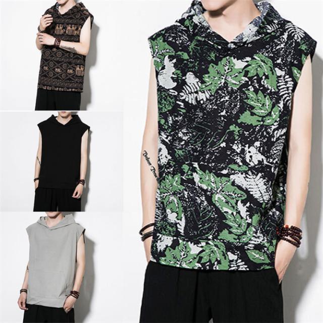ベスト 夏 メンズノースリーブ リネン カジュアルゆったり スポーツウェア アウター 綿麻 通気 フード付き