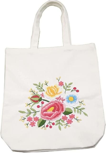 決算特価 送料無料 刺繍バッグキット 刺繍キット セット シンプル 手作り Diy 花柄 トートバッグ ホワイト 流行に