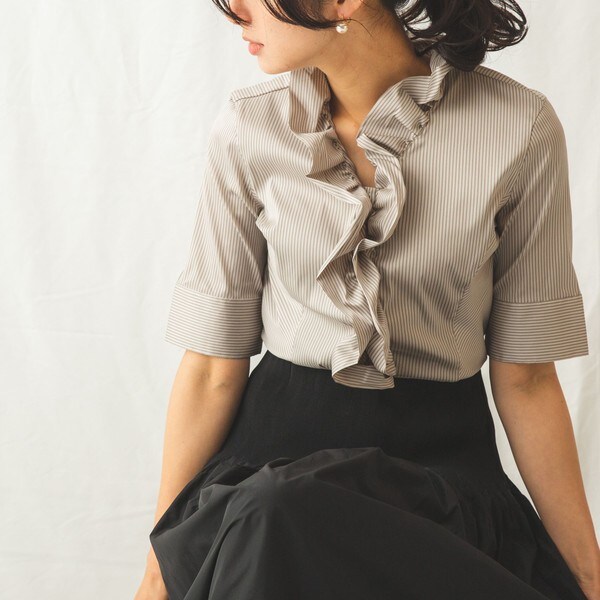 シニアファッション ナラカミーチェ Naracamicie ストライプストレッチフリル半袖ブラウス ブランドおしゃれ Farmerscentre Com Ng