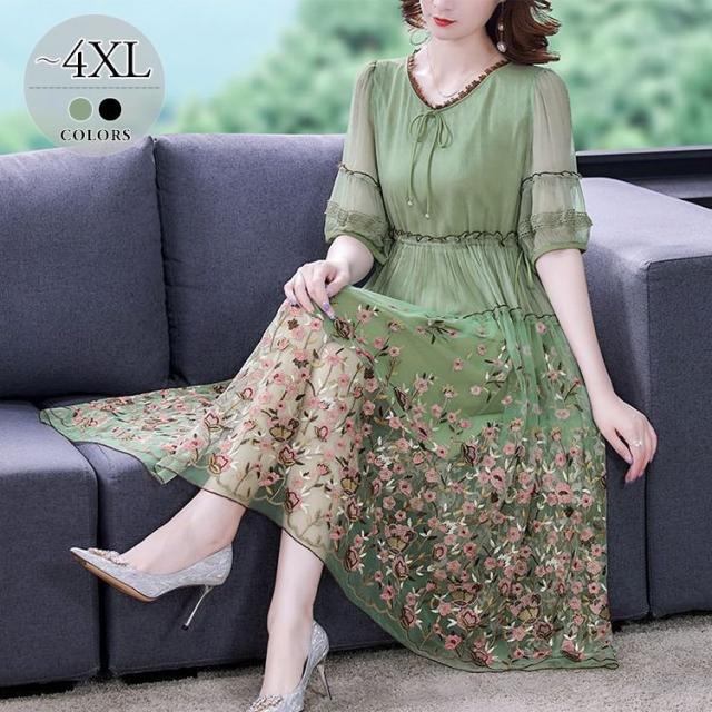 新品本物 ワンピース ラウンドネック パフスリーブ 花柄 5分袖 シースルー レース 胸元リボン 刺繍 ロマンティック 甘め 休日スタイル クール 美人 日本製本革付属 レディースファッション ワンピース Www Murad Com Jo