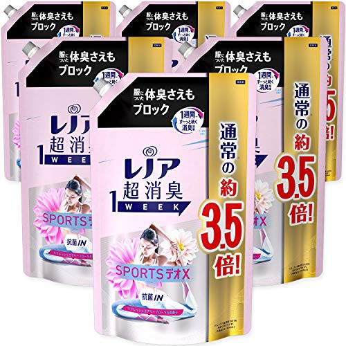 レノア 【ケース販売】超消臭1WEEK 柔軟剤 SPORTSデオX リフレッシュエアリーフローラル 詰め替え 1390mL(約3.5倍)×6袋