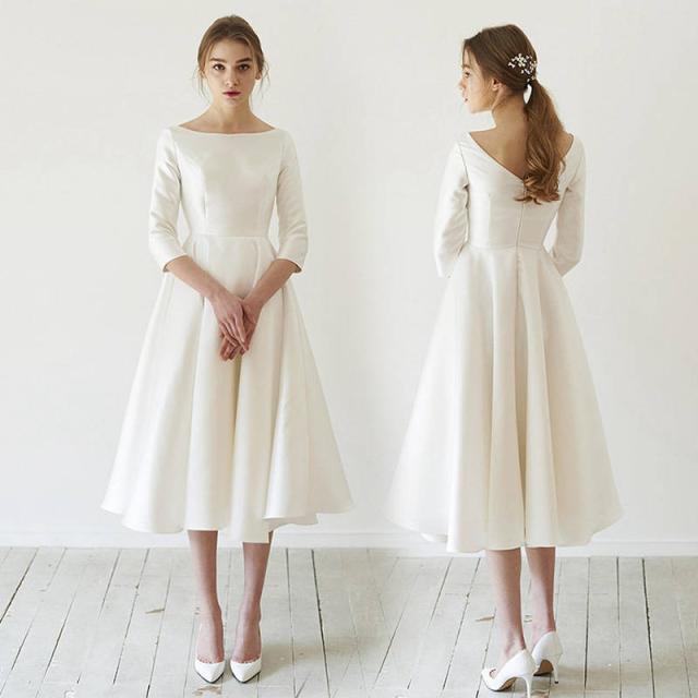 好評につき延長 パーティードレス袖あり結婚式ワンピースドレスサテンaラインミディアム丈ミモレ丈フォーマル白フレア大きいサイズコーデお呼ばれ二次会 速達メール便 Www Iacymperu Org