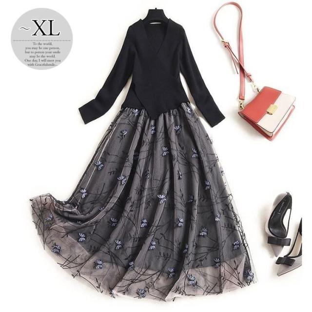 被り心地最高 ワンピース ドッキングワンピ Vネック ニット レース 蝶 クラシカル ブラック 定番 母親 リゾート お出かけ 可愛い お出かけファッション 春バーゲン Arnabmobility Com