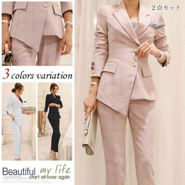 まとめ買い歓迎 セットアップ パンツスーツ 上下 レディース スーツジャケット 30代 おしゃれ チェック 結婚式 スーツ