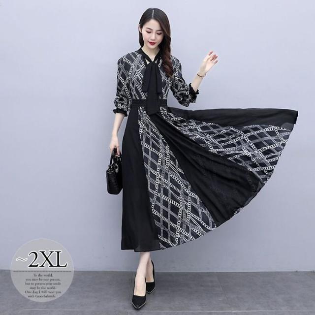 ワンピース プリント柄 ボウタイリボン ロング 袖デザイン ヨーロピアン 休日スタイル 可愛い クール 女子会 かわいい リゾート お出かけの通販はau Pay マーケット Mmc 商品ロットナンバー