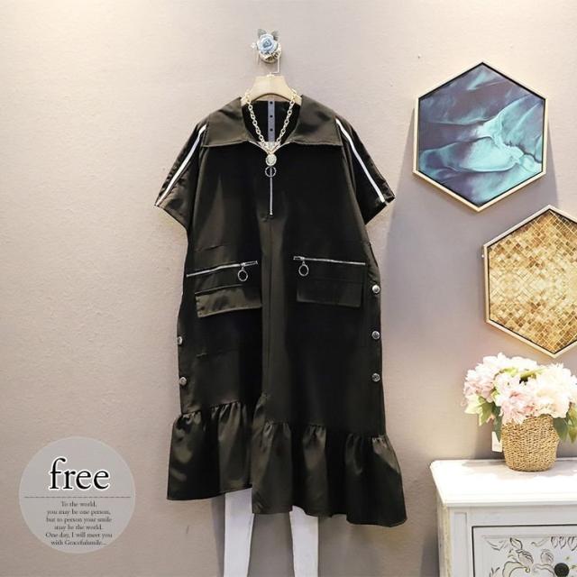 ラッピング無料 ワンピース 襟付き ジップアップ ブラック 無地 ナチュラルコーデ ボーイッシュ ガーリー クール ママスタイル