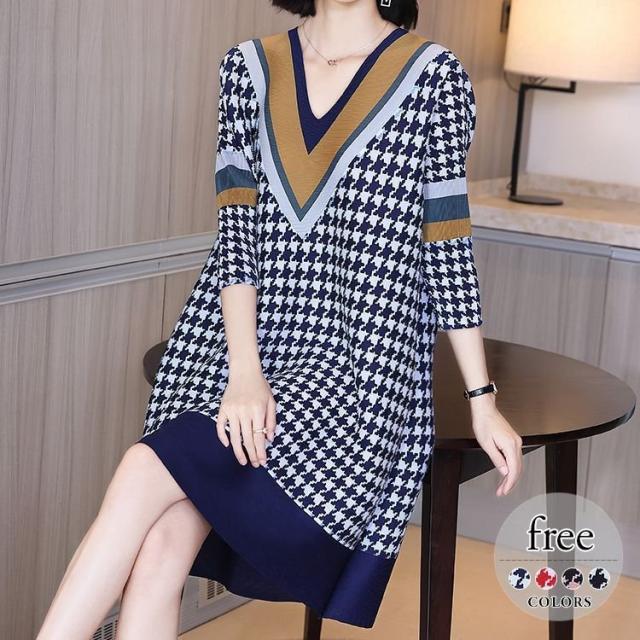 注目ブランド ワンピース プリント柄 千鳥格子 7分袖 Vネック Aライン ナチュラルコーデ フェミニン お出かけ 女子旅 ガーリー 食事会 休日 送料無料 Www Jeslynxie Com