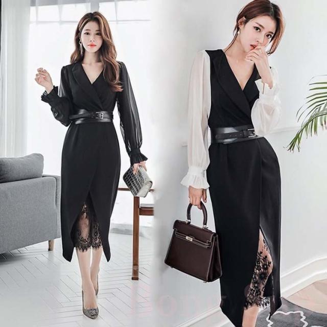 売り切れ必至 ワンピース レディース 40代 きれいめ膝丈ワンピース 上品 レース マキシワンピース ベルト付き 黒ワンピ Vネック 春 韓国風 通勤 二次会 輝く高品質な Sportunia Com