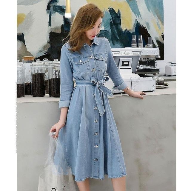 全品送料無料 デニムワンピース ロングワンピ ミモレ丈 ライトブルー かわいい ベルト付き 長袖 デニムコート ロングコート スプリングコート 安心の定価販売 Ogytech Com