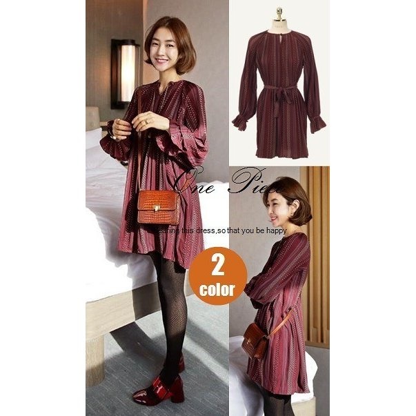 期間限定特価 長袖ワンピース ストライプ柄 フレアミニワンピース バルーン袖 クルーネック ラウンドネック フェミニン ミニ丈 ショート丈 レ 100 安心保証 Carlavista Com