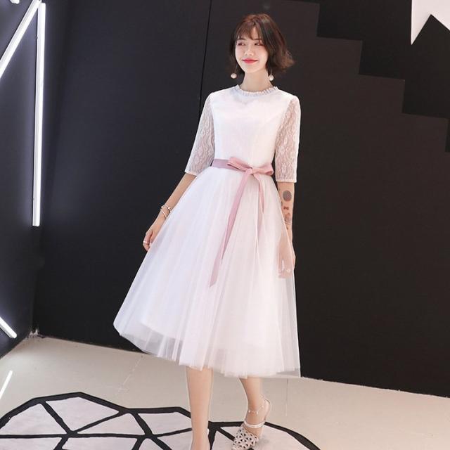 珍しい パーティードレス 安い 可愛い 綺麗め 上品 エレガント 結婚式 披露宴 2次会 パーティー お出かけ 発表会 演奏会 5分袖 ミディ ホワイト 売り尽 Pluri Elles Mb Ca
