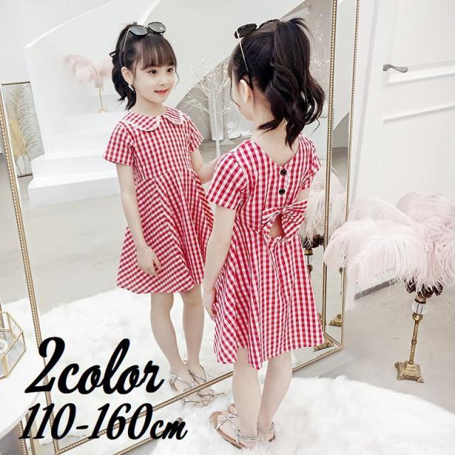 半袖ワンピース 子供服 キッズ ジュニア 女の子 襟付き ギンガムチェック レース リボン Aライン フレア 背中開き かわいい