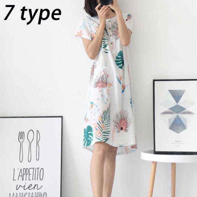 ルームウェア ワンピース レディース パジャマ 半袖 ヘンリーネック 膝丈 ポケット 膝上 可愛い 専門店 リーフ スイカ ボタニカル柄