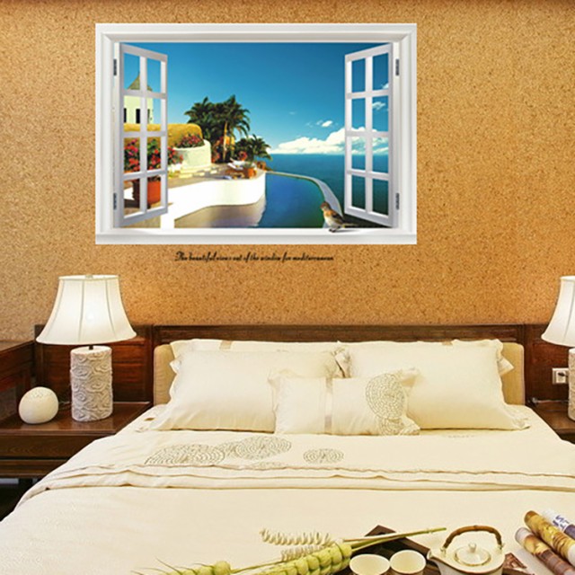 ウォールステッカー 壁紙シール 3d 立体的 トリックアート だまし絵 窓 窓枠 景色 きれい 海 ウィンドウ ルームデ
